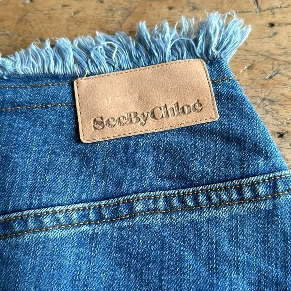 See By Chloe Indigo Denim Skirt Size 26 | Boho Western Chic Fringe Raw Hem